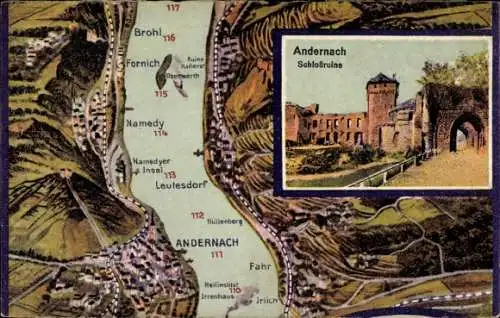 Landkarten Ak Andernach am Rhein, Schlossruine, Brohl, Fornich, Namedy, Leutesdorf