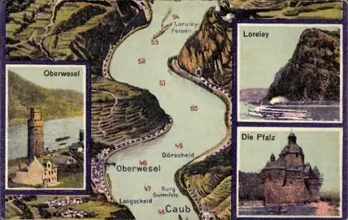 Ak Oberwesel am Rhein, Karte, Loreley, Die Pfalz, Dörscheid, Langscheid, Burg Gutenfels