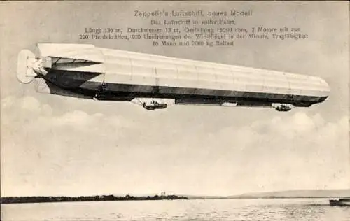 Ak Zeppelin's Luftschiff LZ 4 neues Modell, Über dem Bodensee, 1908