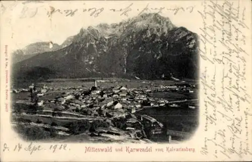 Ak Mittenwald in Oberbayern, Panorama mit Karwendel vom Kalvarienberg aus