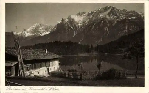 Ak Mittenwald in Oberbayern, Lautersee, Hütte, Karwendel u. Wörner