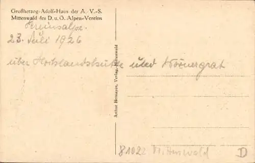 Ak Mittenwald in Oberbayern, Großherzog-Adolf-Haus der A.V.S., Alpen-Verein