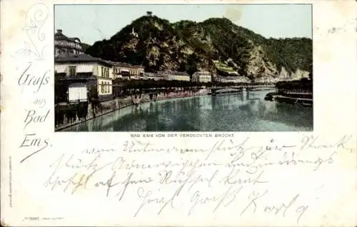Ak Bad Ems an der Lahn, Blick von der verdeckten Brücke