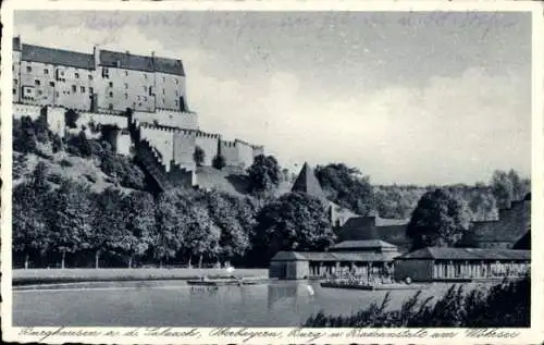 Ak Burghausen an der Salzach Oberbayern, Burg und Badeanstalt am Wöhrsee