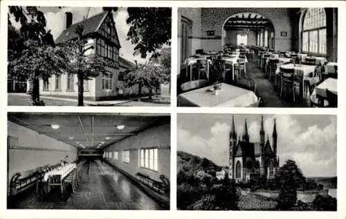 Ak Remagen am Rhein, Hotel Waldburg, Wilh. Pilger, Gaststube, Kegelbahn, Kirche