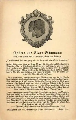 Ak Robert und Clara Schumann, Zitat, Nachtwelt soll uns ganz wie ein Herz und eine Seele betrachten