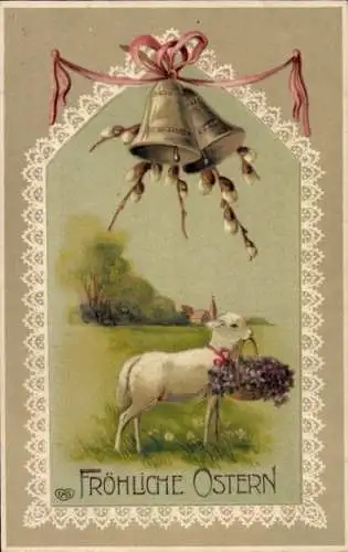 Präge Passepartout Ak Glückwunsch Ostern, Lamm, Glocken, Weidenkätzchen