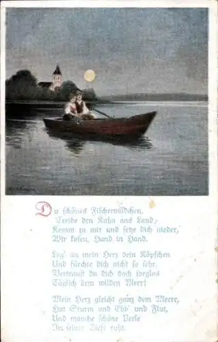 Mondschein Künstler Ak Hoffmann, A., Liebespaar im Ruderboot, Gedicht, Du schönes Fischermädchen...