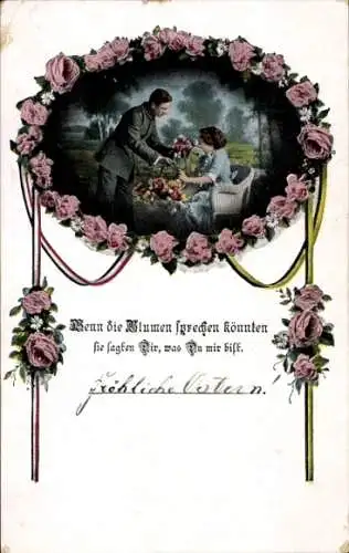 Ak Liebespaar, Soldat in Uniform, Geschenk, Blumen