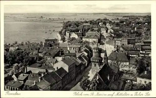 Ak Prenzlau in der Uckermark, Blick von St. Marien auf Mitteltor und Ücker See