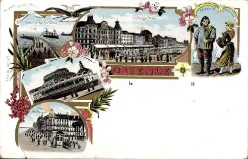 Litho Oostende Ostende Westflandern, Der Kursaal, der Seedeich, Ausgang des Stammes, Fischer