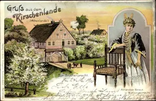 Litho Kirschenland, Blütenpracht, Altländer Braut in Tracht