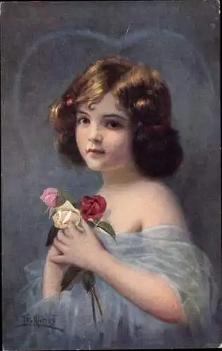 Künstler Ak Klimes, F., Liebe, Mädchen mit Rosen, Portrait