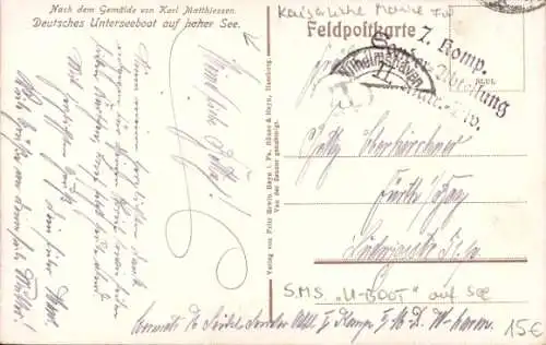 Künstler Ak Matthiessen, Karl, Deutsches Unterseeboot auf hoher See, Kaiserliche Marine, U Boot