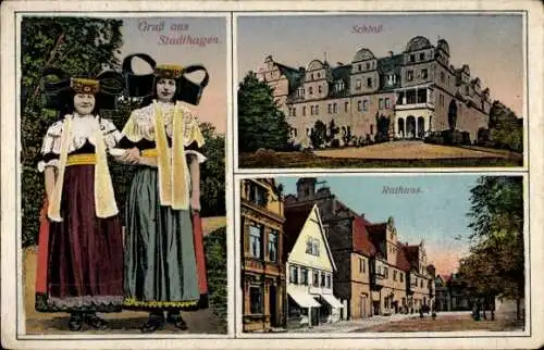 Ak Stadthagen in Niedersachsen, Schloss, Rathaus, Frauen in Tracht