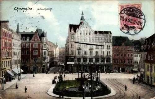 Ak Chemnitz Sachsen, Neumarkt, Kaiser-Café, Brunnen