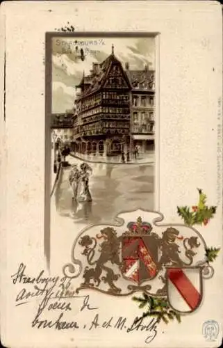 Präge Wappen Passepartout Litho Strasbourg Straßburg Elsass Bas Rhin, Haus Kammerzell