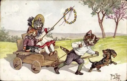 Künstler Ak Thiele, Arthur, Vermenschlichte Katzen, Dackel
