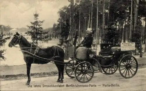 Ak Berlin Zehlendorf Wannsee, Die letzte Droschkenfahrt Berlin-Wannsee-Paris, Kutscher, 1928