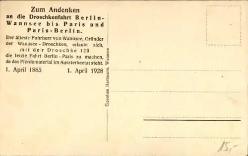 Ak Berlin Zehlendorf Wannsee, Die letzte Droschkenfahrt Berlin-Wannsee-Paris, Kutscher, 1928