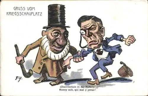 Künstler Ak Kriegsschauplatz, Chamberlain in der Falle, Karikatur, Politiker