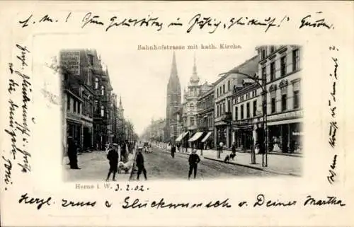 Ak Herne im Ruhrgebiet Westfalen, Bahnhofstraße, Katholische Kirche