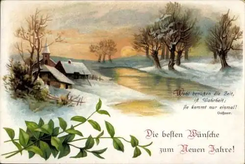 Ak Glückwunsch Neujahr, Haus, Kirche, Fluss, Sonnenuntergang, Zitat von Goßner