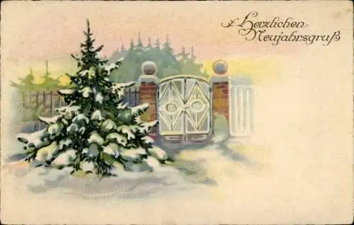 Ak Glückwunsch Neujahr, Tannenbaum, Schnee, Zaun, Tor