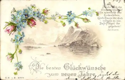 Litho Glückwunsch Neujahr, Blumen, Berge, Vergissmeinnicht