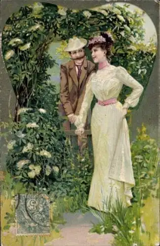 Litho Liebespaar im Garten, Treffen, Frau in weißem Kleid