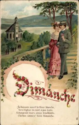 Präge Ak Liebespaar, Spaziergang, Kirche, Blumen, Dimanche