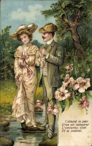 Präge Ak Liebespaar, Spaziergang, Fluss, Blumen