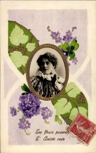 Präge Ak Frau-Porträt, Blumen, Glücksklee