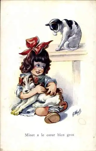 Künstler Ak Wuyts, Mädchen mit Hund und Katze
