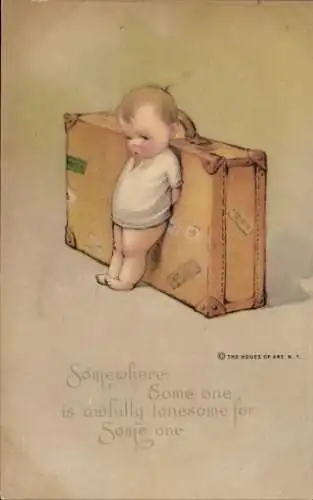 Künstler Ak Kleines Kind lehnt an einem Koffer