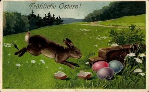 Präge Ak Glückwunsch Ostern, Osterhase, Ostereier, Wiese