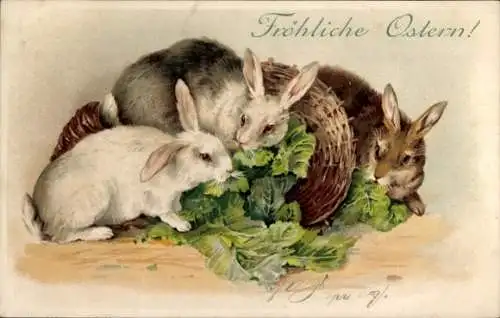 Litho Glückwunsch Ostern, Kaninchen beim Essen, Salatblätter, Korb