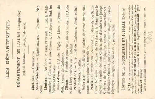Landkarten Ak Aude, Carcassonne, Edition de la Chocolaterie d'Aiguebelle