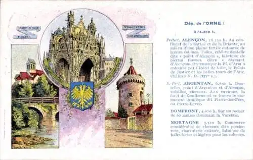 Wappen Ak Argentan Orne, Eglise, Tour Marguerite, Kirche, Domfront, Mortagne