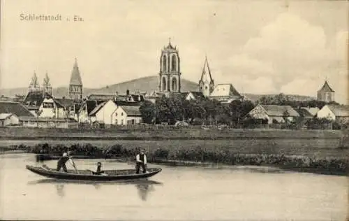 Ak Sélestat Schlettstadt Elsass Bas Rhin, Teilansicht, Boot