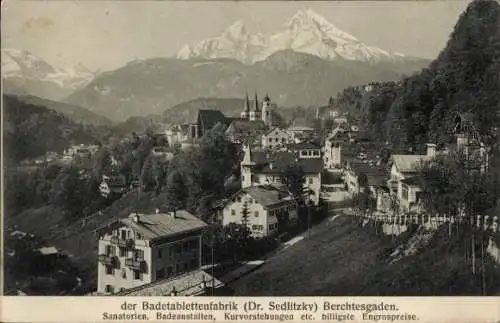 Ak Berchtesgaden in Oberbayern, Gesamtansicht, Watzmann, Badetablettenfabrik Dr. Sedlitzky