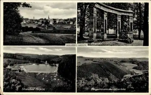 Ak Halver in Westfalen, Gesamtansicht, Ehrenmal, Strandbad Herpine, Bergpanorama des Hälvertales