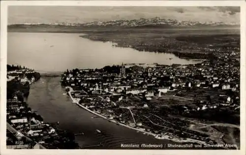 Ak Konstanz am Bodensee, Gesamtansicht, Rheinausfluss und Schweizer Alpen