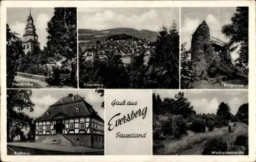 Ak Eversberg Meschede im Sauerland, Pfarrkirche, Burgruine, Rathaus, Wacholderheide