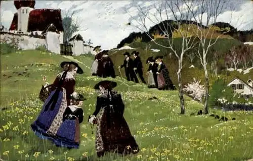 Künstler Ak Menschen in Trachten auf dem Weg zur Kirche
