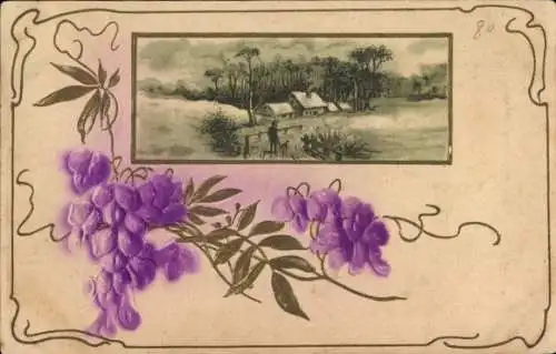 Präge Passepartout Ak Lila Blüten, Winterlandschaft