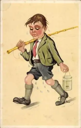 Künstler Ak Angler mit kleinem Fisch im Wasserglas