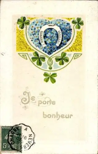 Präge Litho Glücksbringer, Hufeisen, Vergissmeinnicht, Klee