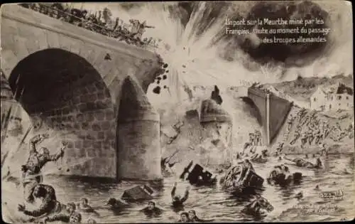 Künstler Ak Pont sur la Meurthe mine, explosion, passage des troupes allemands