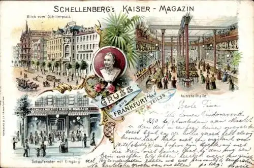 Litho Frankfurt am Main, Schellenberg's Kaiser Magazin, Ausstellhalle, Schillerplatz, Schaufenster